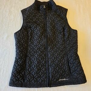Eddie Bauer Womens Black Quilted Full Zip Insulated Vest Floral Stitch Medium